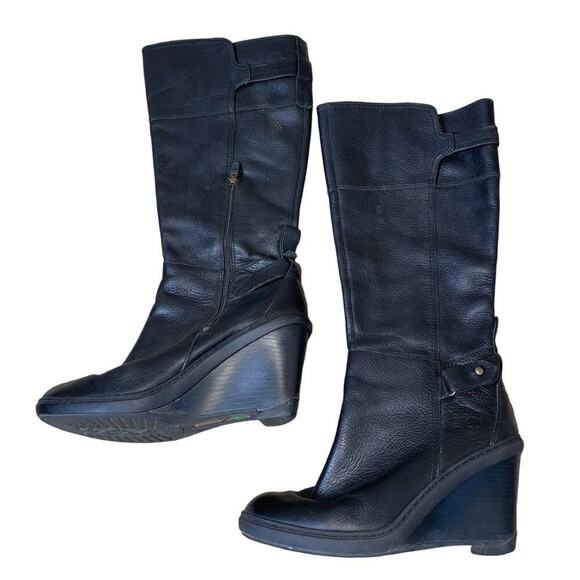 TIMBERLAND Boots Black Wedge Heel Leather knee high buckle detail SZ 9.5 - Picture 2 of 11